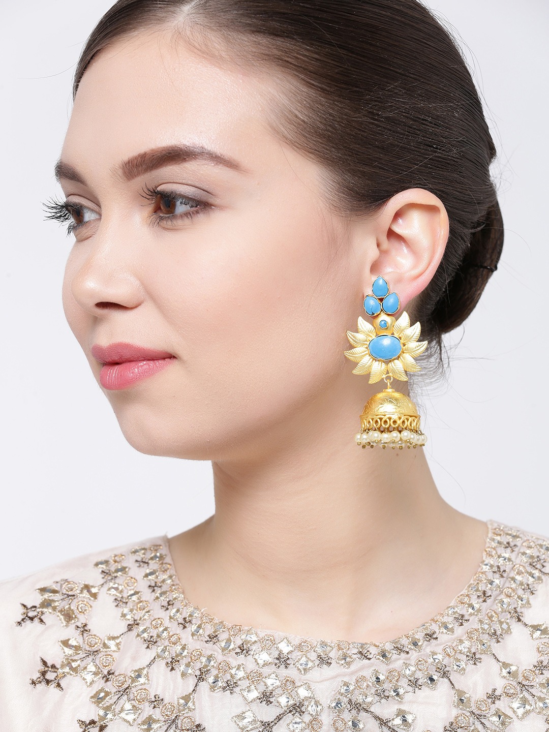 YouBella Blue Gold-Plated Dome Shaped Jhumkas